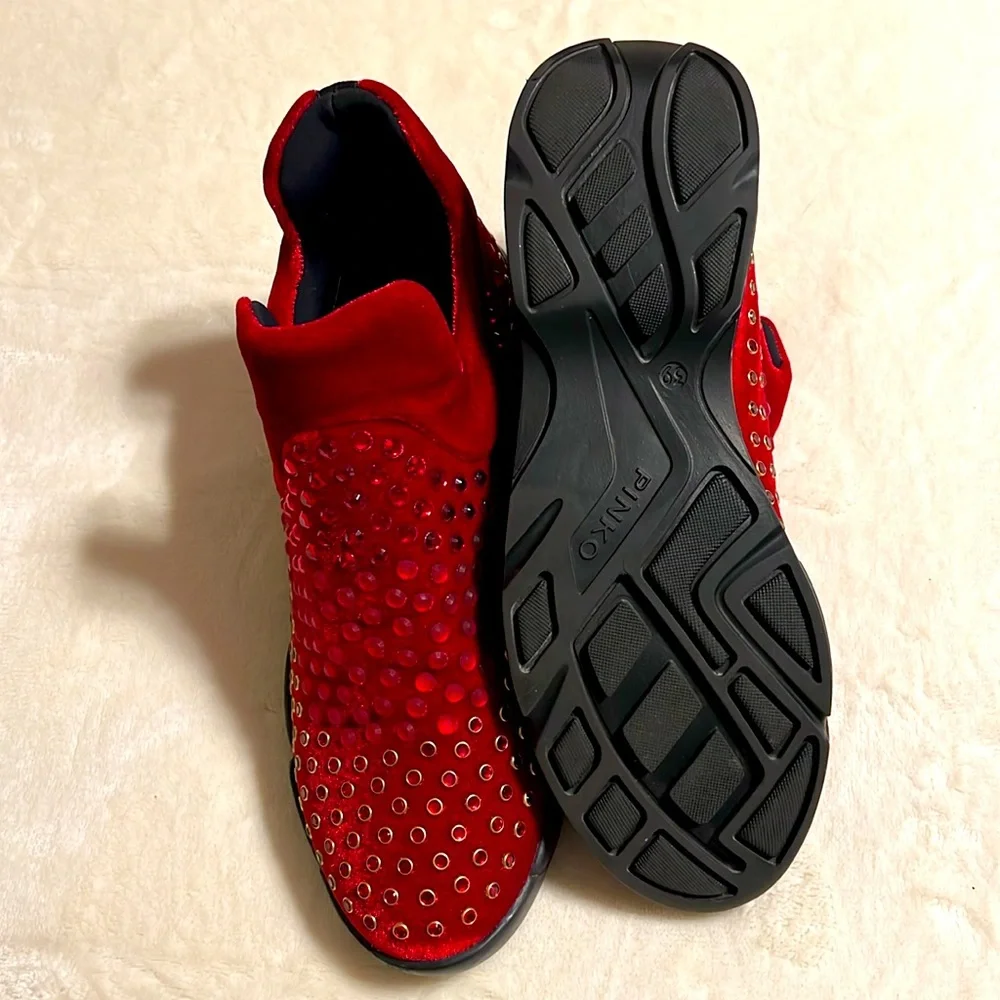 PINKO. Red Rhinestone and Studded High-Top Sneakers. NWOT. Size 39/8 Italy
